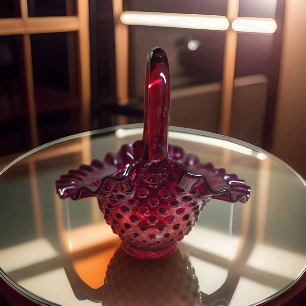 Fenton Ruby Red Hobnail Glass Ruffled Crimped Edge Basket w/ Handle